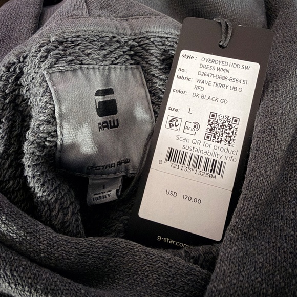 G-Star RAW Hooded Sweatshirt Dress NWT Overdyed Black Terry Size L - Picture 6 of 9
